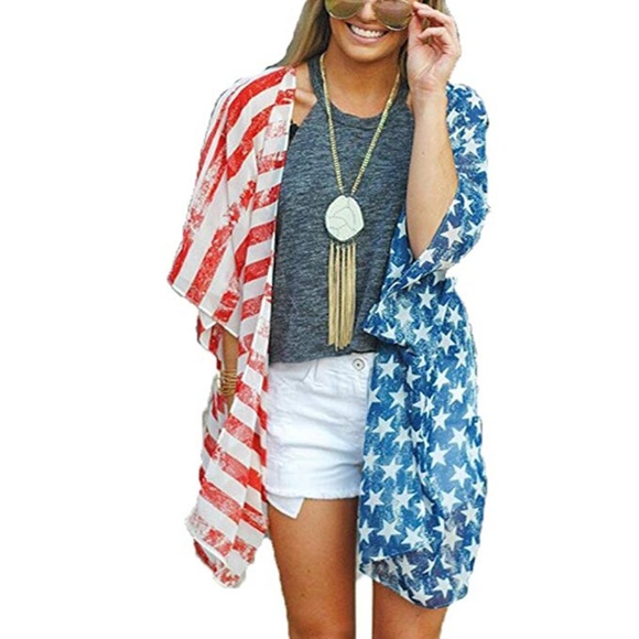 Tops - New! Patriotic American Flag Print Kimino Cover Up